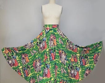 May include: A vintage-style, full skirt with a vibrant green background and a repeating pattern of figures in various colors. The skirt is displayed on a mannequin, showcasing its flared shape and high waist design. The figures are in shades of red, orange, and blue.