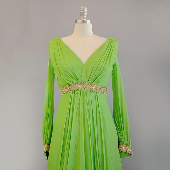 1960s Green Silk Chiffon and Gold Evening Gown //… - image 5