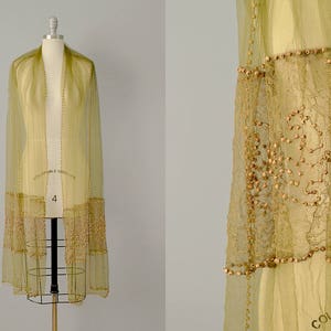 1900s Shawl / 1910 Silk Net and Lace Shawl with Wood Beads / Beaded Shawl / Green Shawl / Rare Vintage / Wedding Shawl / One Size