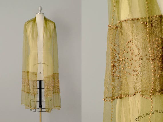1900s Shawl / 1910 Silk Net and Lace Shawl with W… - image 1