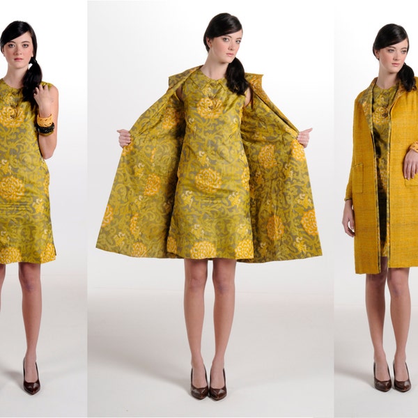 Vintage 60s Tina Leser Indian Floral Print Silk Dress and Coat // Small-Medium