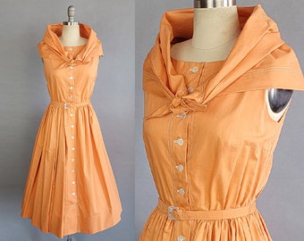 1950s Orange Dress /1950s Mr Mort Pumpkin Orange Cotton Shirtwaist Dress with Matching Belt / 1950s Fit & Flare Dress / Size Small