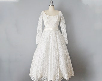 1950s Wedding Dress / Short Wedding Dress / Bridal Dress / Lace Wedding Dress / T-Length Wedding Dress / Size Small Size Extra Small