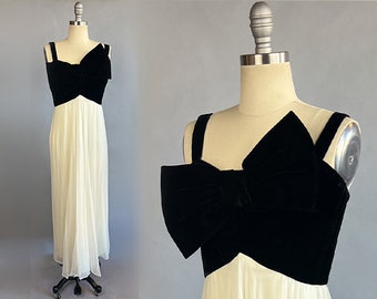 1960s Chiffon Gown / 1960s Black Velvet and White Chiffon Evening Dress with Bow / Size Medium