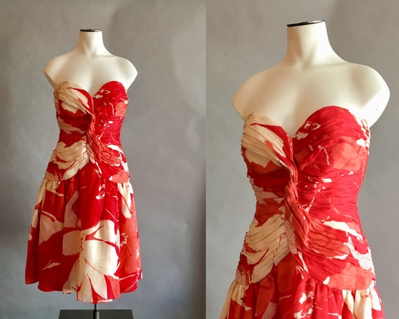 1980s Morton Myles Dress /Strapless Dress / Flora… - image 1