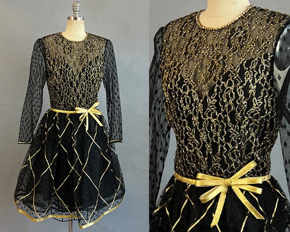 1980s Party Dress / Bill Blass Dress / Black and Gold Beaded Party  