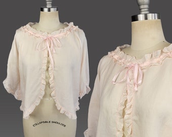 1930s Bed Jacket / Pale Pink Silk Ruffle Tie Top / Size Large XL Extra Large