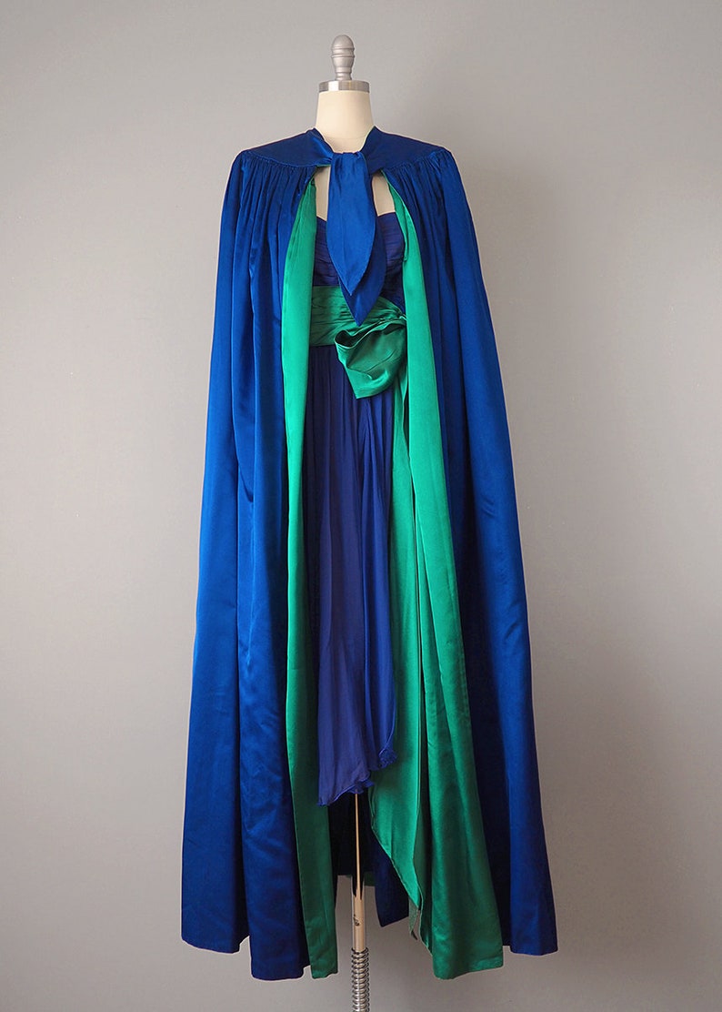 Bergdorf Goodman Designer Couture / 1950s Dress and Cape / 1957 Royal Blue and Emerald Silk Gown and Matching Cape / Size Small image 7