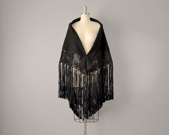 1800s Shawl // Victorian Black Wool Shawl w/ Hand-