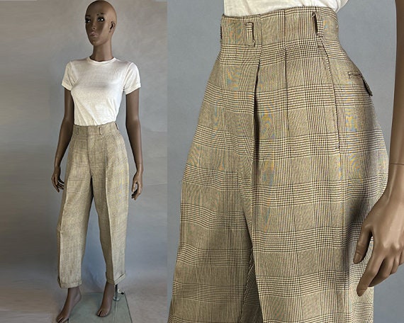 1940s Plaid Pants / Brown Glen Plaid Houndstooth Pleated Trousers