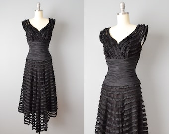 1940s Black Netted Dress / 40s Cocktail Dress / 1950s Party Dress / Little Black Dress / Size Extra Small