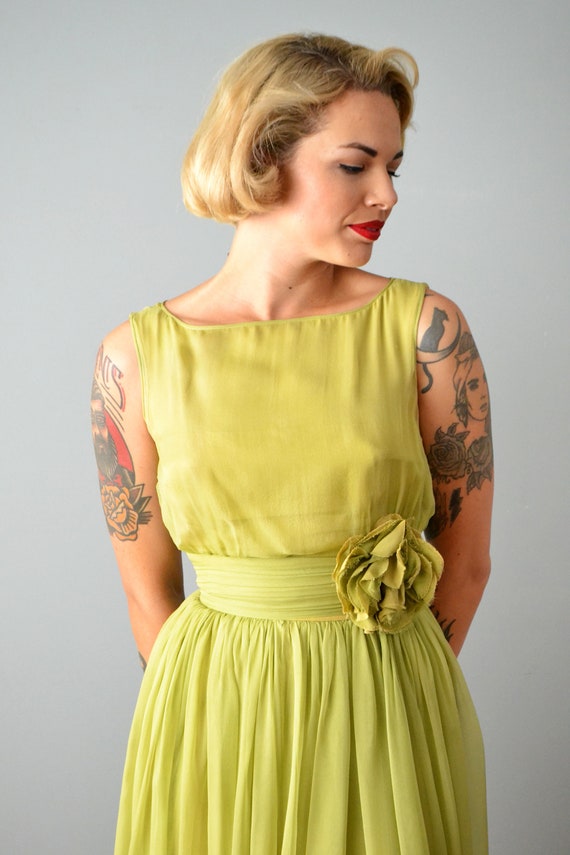 1950s Suzy Perette Party Dress / Green Silk Chiff… - image 6