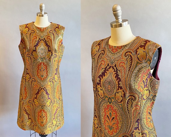 1960s Nat Kaplan Dress / Metallic Paisley Sheath /