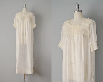 1910s  Chemise Nightie / 1914 Ivory Sheer Silk Wedding Chemise Nightie / Size Medium Large Extra Large