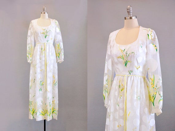 1970s Richilene Polka Dot & Floral Print Chiffon a