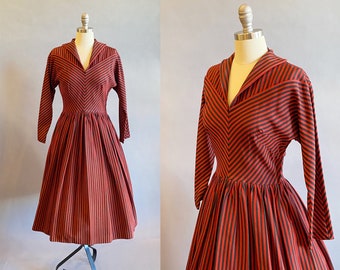 1950s Chevron Print Dress / Silk Faille Dress / Red Striped Dress / Fit And Flare Dress / 50s Party Dress / Size Medium