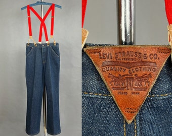 1970s Deadstock Levi's  / Levi's Promotional Orange Tab Jeans with Attached Red Suspenders / Size Small Waist 28"