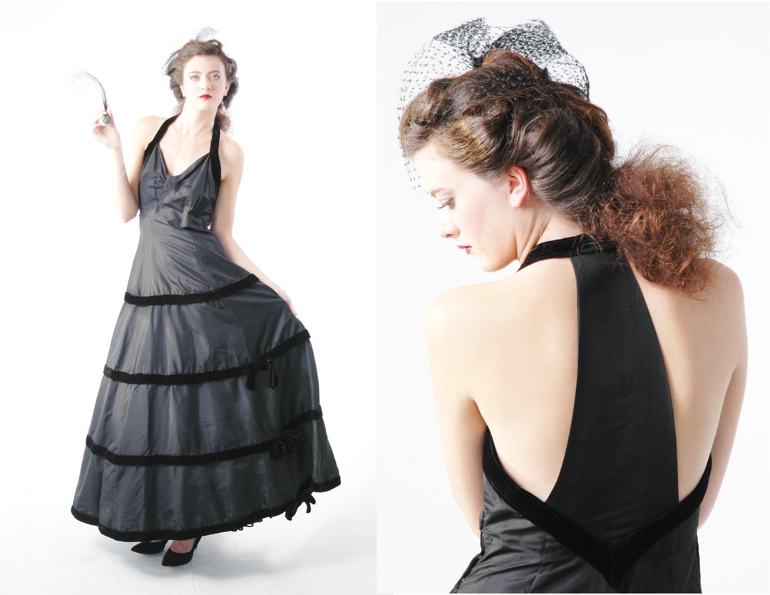 1940s Black Taffeta Party Dress with T-Strap Back