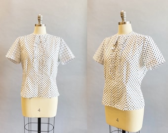 1950's Polka Dot Blouse / 1950's Suit Blouse / Blue Polka Dot Blouse / Ruffled Blouse / Size XL