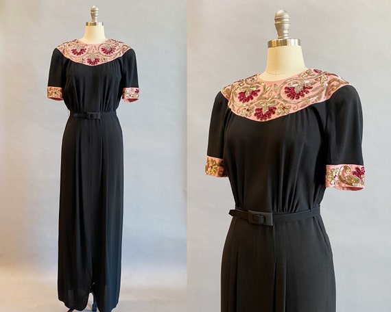 1940s Black Gown / 1940s Sequined Dress / Pink an… - image 1