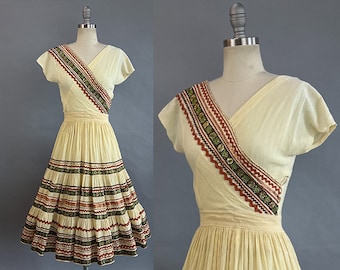 1950s Yellow Fiesta Set / Creamy Yellow Fiesta Set w/ Brown Ric Rac and Metallic Ribbon / 1950s Patio Set / Size Small