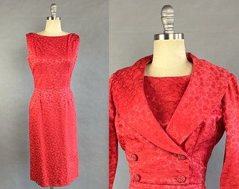 1950s Jerry Gilden Dress / 1950s Deep Coral Jacquared Dress Set / Wiggle Dress / 1950s Dress Set / Dress and Jacket / Size Small
