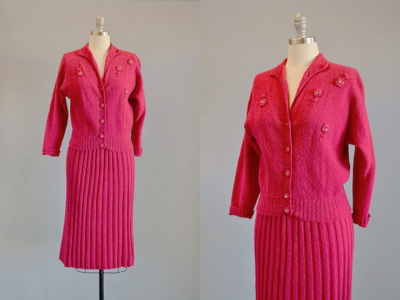 50s Set // 1950s Watermelon Knit Wool Sweater & Sk