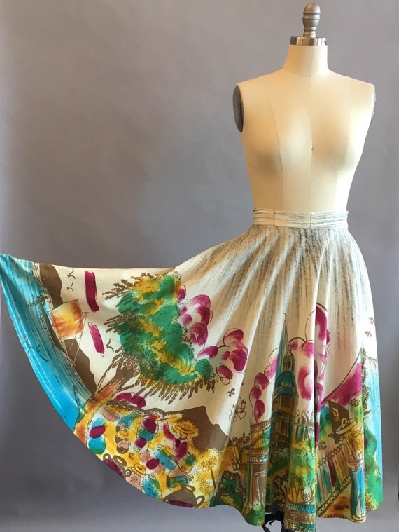 1950s Mexican Hand Painted Cotton Skirt / Souvenir