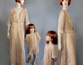 1920s Day Dress / 1920s Mother-Daughter Dresses / Brown & White Striped Dresses / 1920s At Home / Size Large