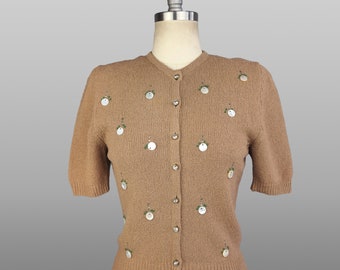 1950s Cardigan / 1950s Bouclé Knit Rhinestone & Studded Cardigan / Short Sleeve Sweater / Size Small Medium