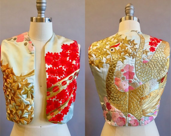 Japanese Kimono Vest / Silk Embroidered Vest / Cra