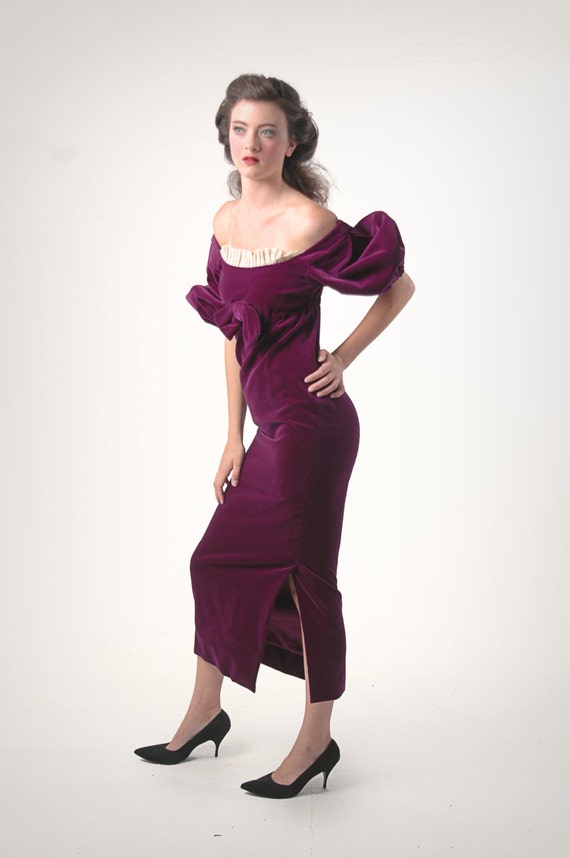 1960s Plum Velvet Regency Sleeved Dress / Purple … - image 4