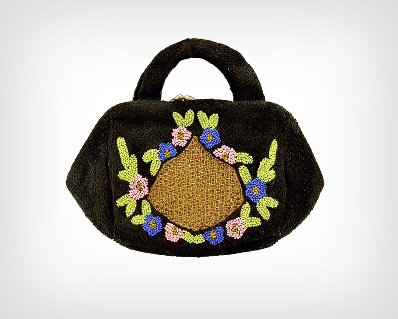 1930s Crochet Purse / 1930s Black Crocheted Silk Hand-Beaded Belgian Handbag image 1