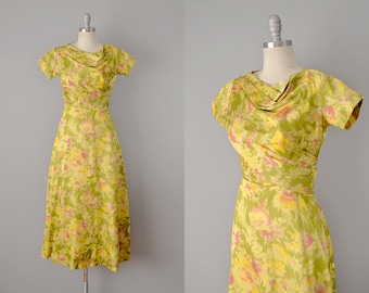 1950s Floral Print Silk Gown / 50s Dress / Yellow Print Dress /Size Small