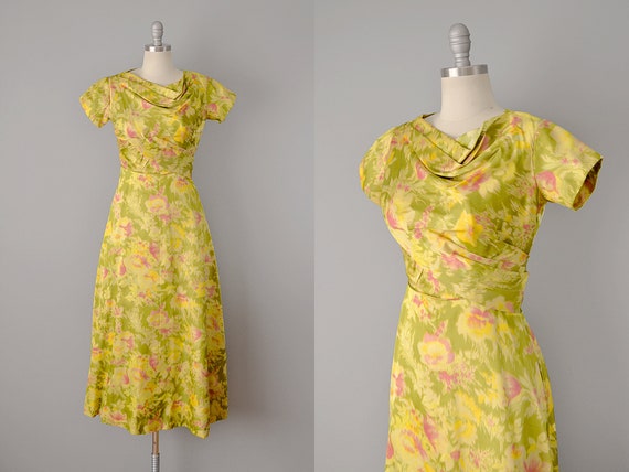 1950s Floral Print Silk Gown / 50s Dress / Yellow… - image 1