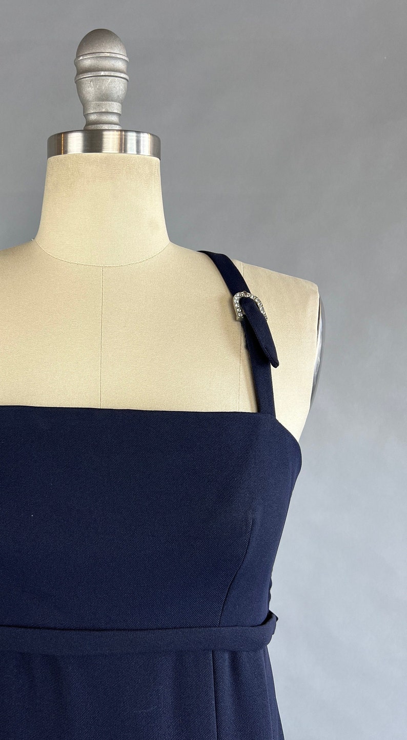 1960s Column Dress / Nina Ricci Navy Blue Silk Crepe Dress with Rhinestone Buckele / Size Small image 7