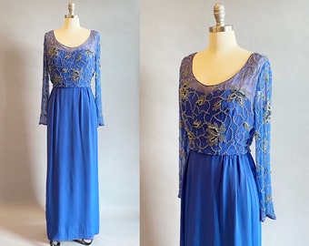 1960s Saks Fifth Avenue Gown / Blue Beaded Chiffon Dress / 1960s Formal Dress / 1960s Chiffon Gown / Size Small