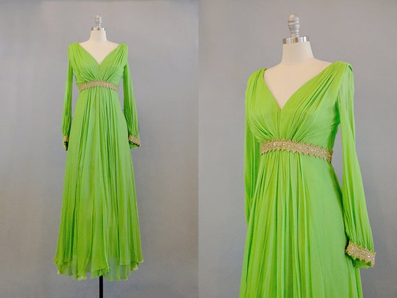 1960s Green Silk Chiffon and Gold Evening Gown //… - image 1