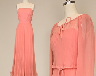 1960s Miss Elliette Dress / Pleated Coral Chiffon Gown / Vintage Pink Gown /  Size Small  XS