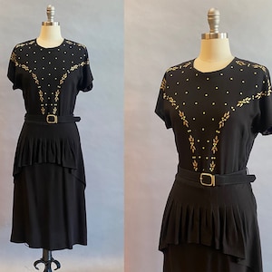 1940s Black Studded Dress / 1940s Party Dress / 1940s Cocktail Dress / Size Small - Medium