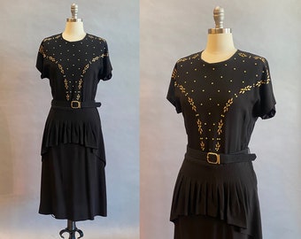 1940s Black Studded Dress / 1940s Party Dress / 1940s Cocktail Dress / Size Small - Medium