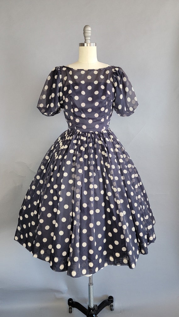 1950s Dress / 1950s Polka Dot Dress / Puff Sleeve… - image 2