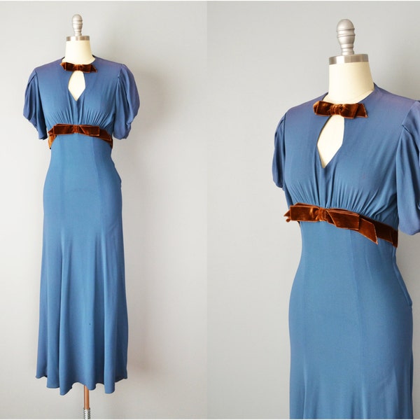 Vintage 30s Dress // 1930s Blue Crepe Gown // Small