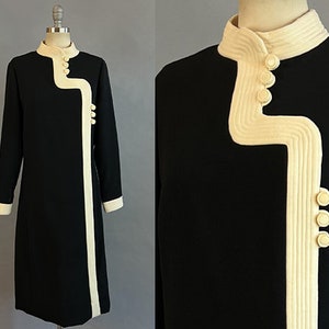 1960s Donald Brooks Dress / 1960s Sheath Dress / Black and Ivory Wool Crepe  Dress by Donald Brooks / B & W Dress / Mod Dress / Size Large