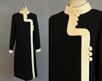 1960s Donald Brooks Dress / 1960s Sheath Dress / Black and Ivory Wool Crepe  Dress by Donald Brooks / B & W Dress / Mod Dress / Size Large