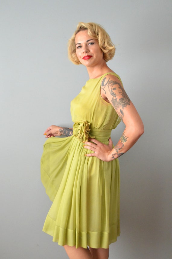 1950s Suzy Perette Party Dress / Green Silk Chiff… - image 3