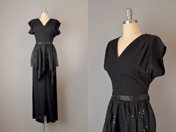 1930s Star Studded Black Silk Crepe Dress / Star-S