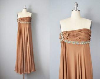 1950s Strapless Dress / Brown Silk Chiffon and Jeweled Goddess Gown / Size Small Medium