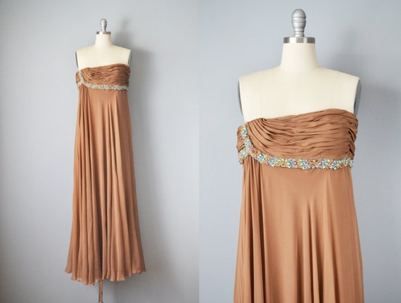 1950s Strapless Dress / Brown Silk Chiffon and Je… - image 1