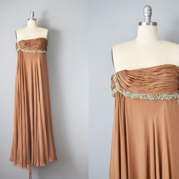 1950s Strapless Dress / Brown Silk Chiffon and Jeweled Goddess Gown / Size Small Medium